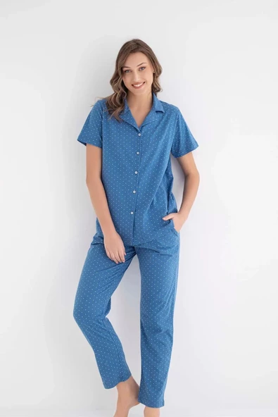 Senfoni Kadın Gömlek Yaka Kısa Kol Pamuklu Pijama Takımı 6011 -1 Adet  L Mavi - 3