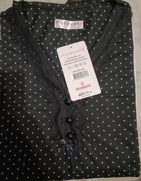 Pijamerry Kadın Dantel Yaka Bambu Uzun Kol Pijama Takımı 5210 - 1 Adet  XL Siyah - 4