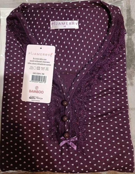 Pijamerry Kadın Dantel Yaka Bambu Uzun Kol Pijama Takımı 5207 - 1 Adet  2XL Mor - 3