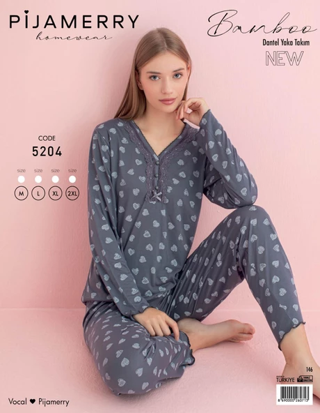 Pijamerry Kadın Dantel Yaka Bambu Uzun Kol Pijama Takımı 5204 - 1 Adet  2XL Füme - Resim 2