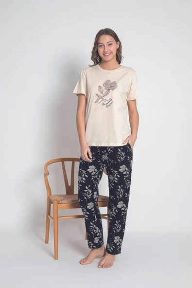 Senfoni Kadın Bisiklet Yaka Kısa Kol Pamuklu Pijama Takımı 6043 -1 Adet  Ekru 2XL - Resim 2