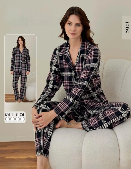 Boyraz Kadın Süet Boydan Düğmeli Pijama Takımı 02008 - 1 Adet  Gri 2XL