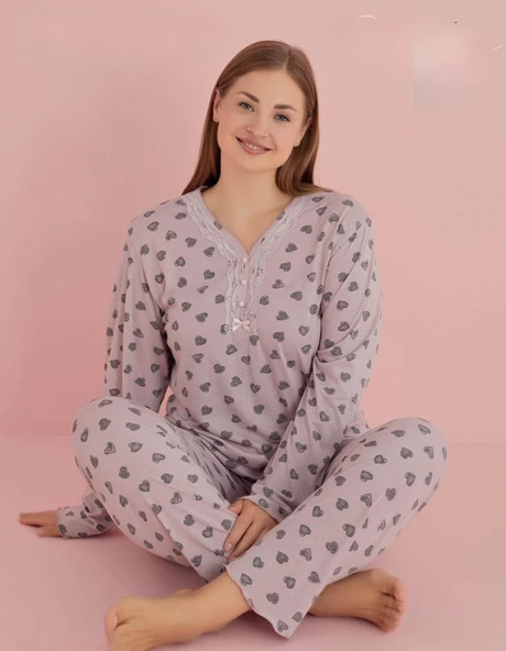 Pijamerry Kadın Büyük Beden Dantel Yaka Bambu Uzun Kol Pijama Takımı 5068 - 1 Adet  Pembe 3XL