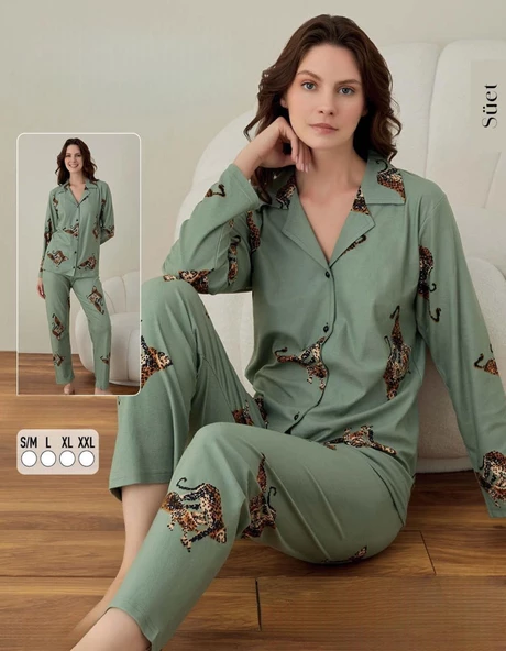 Boyraz Kadın Süet Boydan Düğmeli Pijama Takımı 02001- 1 Adet  XL Yeşil