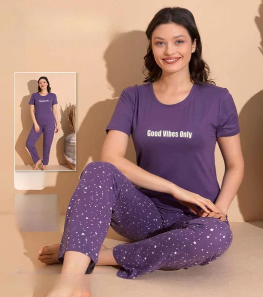 Boyraz Kadın Milan Bisiklet Yaka İnce Kısa Kol Pijama Takımı 11008 - 1 Adet  S - M Mor - 2
