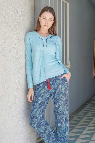 Jiber Kadın Modal V Yaka 3'Lü İnce Pijama Takımı 10048 - 1 Adet  L Mavi