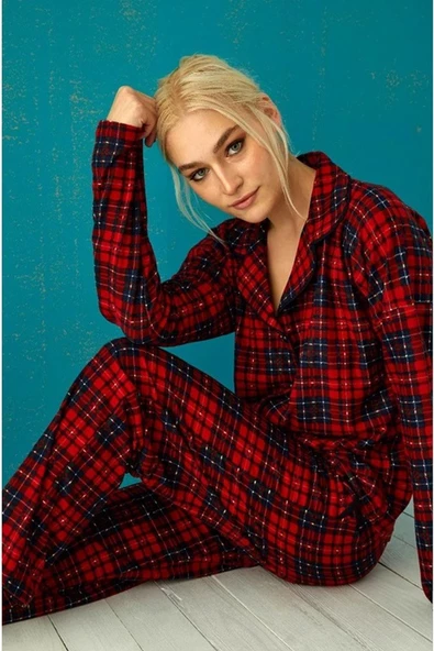 Pijamoni Kadın Süet Önden Düğmeli Pijama Takımı 56603 - 1 Adet  XL Kırmızı - 3