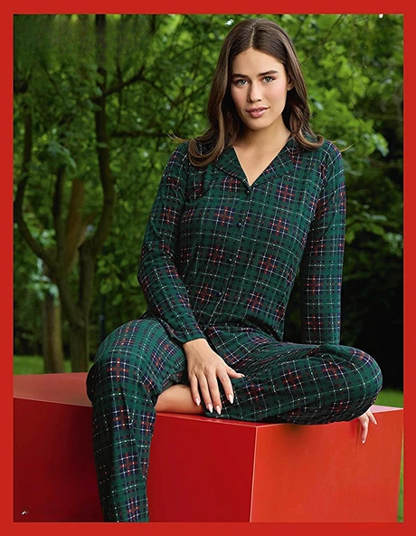 Pijamoni Kadın Süet Önden Düğmeli Likralı Pijama Takımı 4 - 1 Adet  Yeşil S - M