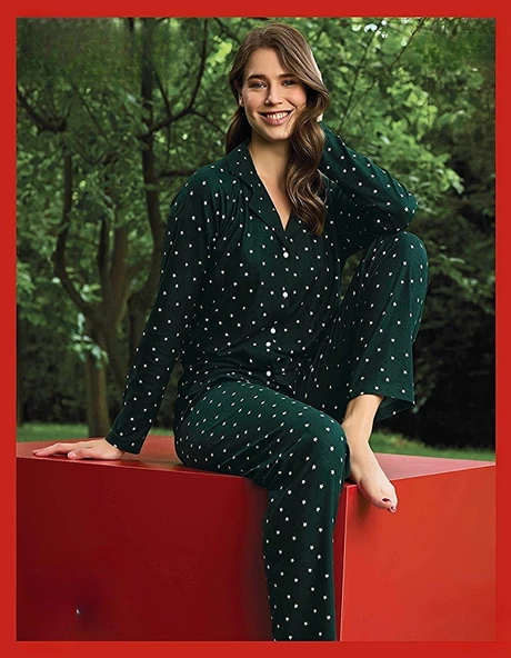 Pijamoni Kadın Süet Önden Düğmeli Likralı Pijama Takımı 17 - 1 Adet  L Yeşil