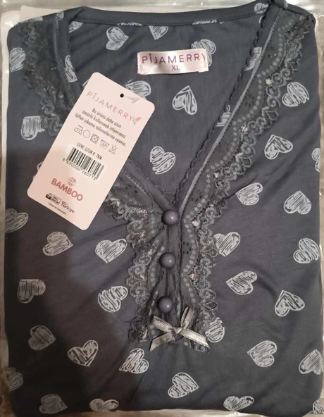Pijamerry Kadın Dantel Yaka Bambu Uzun Kol Pijama Takımı 5204 - 1 Adet  M Füme - 3