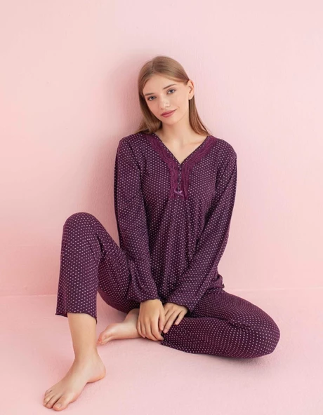 Pijamerry Kadın Dantel Yaka Bambu Uzun Kol Pijama Takımı 5207 - 1 Adet  L Mor