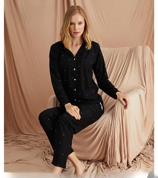 Pijamoni Kadın Süet Önden Düğmeli Pijama Takımı 56607 - 1 Adet  Siyah L