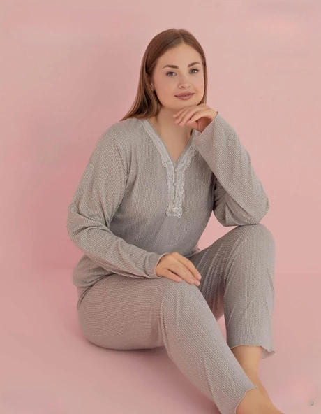 Pijamerry Kadın Büyük Beden Dantel Yaka Bambu Uzun Kol Pijama Takımı 5070 - 1 Adet  4XL Gri-Kahverengi