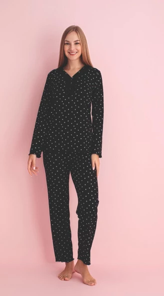 Pijamerry Kadın Dantel Yaka Bambu Uzun Kol Pijama Takımı 5211 - 1 Adet  XL Siyah