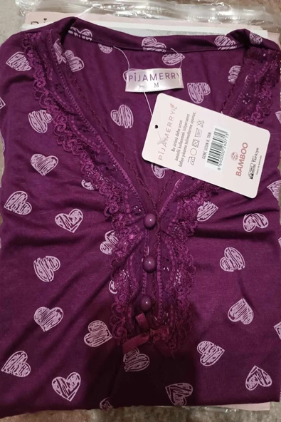Pijamerry Kadın Dantel Yaka Bambu Uzun Kol Pijama Takımı 5206 - 1 Adet  L Mor - 3