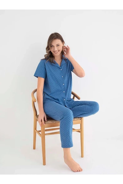 Senfoni Kadın Gömlek Yaka Kısa Kol Pamuklu Pijama Takımı 6011 -1 Adet  S - M Mavi - 5