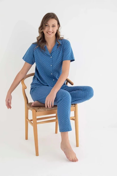 Senfoni Kadın Gömlek Yaka Kısa Kol Pamuklu Pijama Takımı 6011 -1 Adet  S - M Mavi - 6