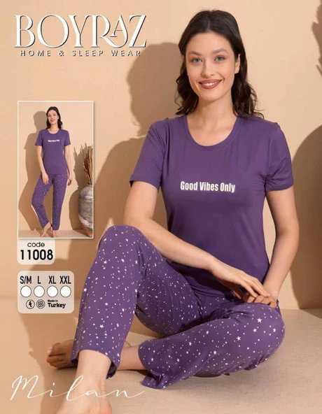 Boyraz Kadın Milan Bisiklet Yaka İnce Kısa Kol Pijama Takımı 11008 - 1 Adet  S - M Mor - 3