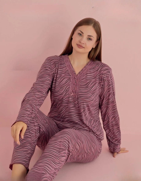 Pijamerry Kadın Büyük Beden Dantel Yaka Bambu Uzun Kol Pijama Takımı 5071 - 1 Adet  Gül Kurusu 3XL