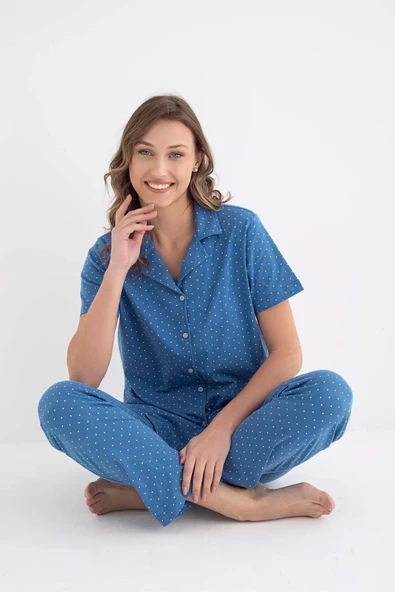 Senfoni Kadın Gömlek Yaka Kısa Kol Pamuklu Pijama Takımı 6011 -1 Adet  XL Mavi - 4