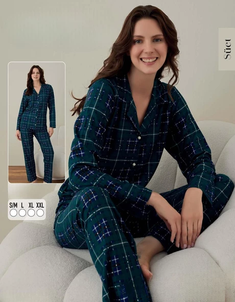 Boyraz Kadın Süet Boydan Düğmeli Pijama Takımı 02005 - 1 Adet  Yeşil 2XL
