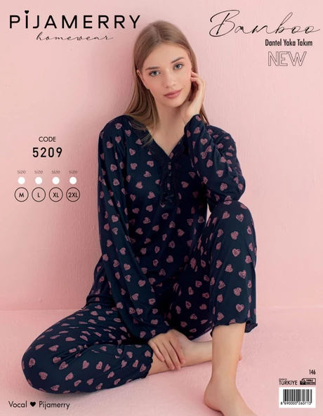 Pijamerry Kadın Dantel Yaka Bambu Uzun Kol Pijama Takımı 5209 - 1 Adet  2XL Koyu Lacivert - 2