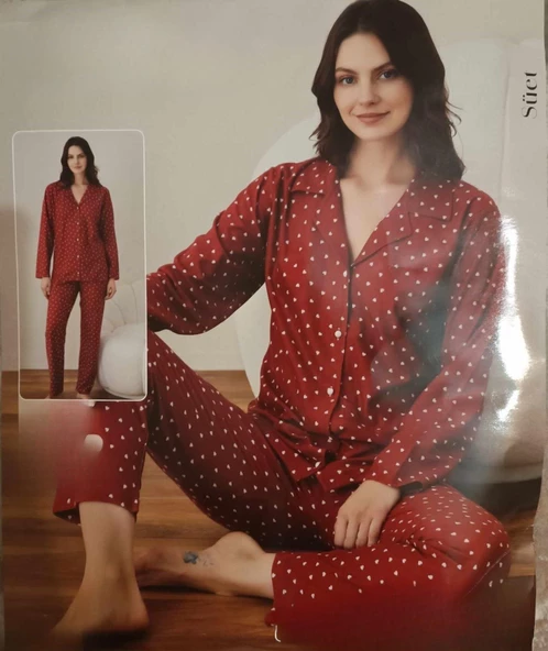 Boyraz Kadın Süet Boydan Düğmeli Pijama Takımı 02021 - 1 Adet  L Kırmızı