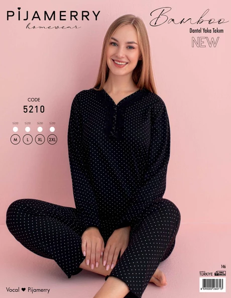 Pijamerry Kadın Dantel Yaka Bambu Uzun Kol Pijama Takımı 5210 - 1 Adet  XL Siyah - 3
