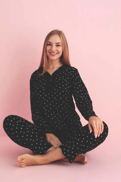 Pijamerry Kadın Dantel Yaka Bambu Uzun Kol Pijama Takımı 5211 - 1 Adet  Siyah M - Resim 2