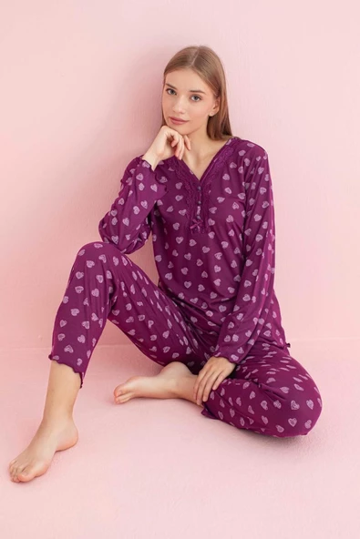 Pijamerry Kadın Dantel Yaka Bambu Uzun Kol Pijama Takımı 5206 - 1 Adet  XL Mor