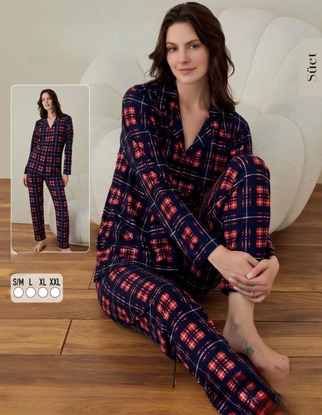 Boyraz Kadın Süet Boydan Düğmeli Pijama Takımı 02003 - 1 Adet  Lacivert 2XL
