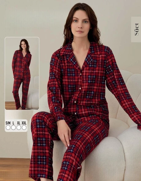 Boyraz Kadın Süet Boydan Düğmeli Pijama Takımı 02022 - 1 Adet  XL Kırmızı