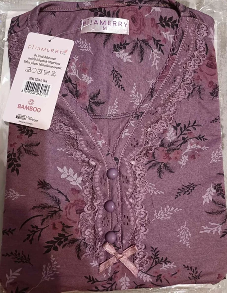 Pijamerry Kadın Dantel Yaka Bambu Uzun Kol Pijama Takımı 5205 - 1 Adet  L Mürdüm - 3