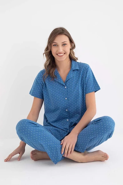 Senfoni Kadın Gömlek Yaka Kısa Kol Pamuklu Pijama Takımı 6011 -1 Adet  L Mavi