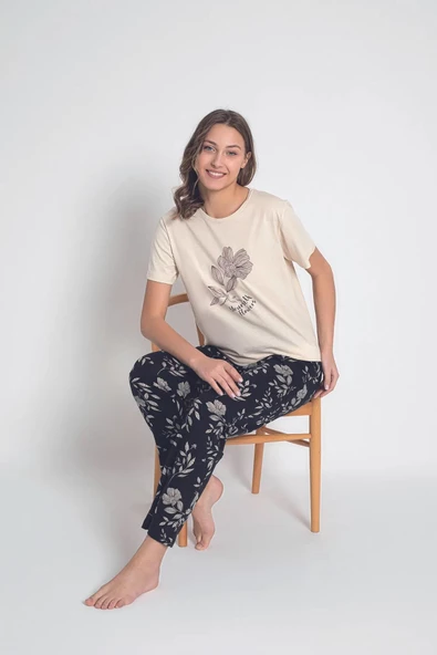 Senfoni Kadın Bisiklet Yaka Kısa Kol Pamuklu Pijama Takımı 6043 -1 Adet  Ekru 2XL ürün görseli 1