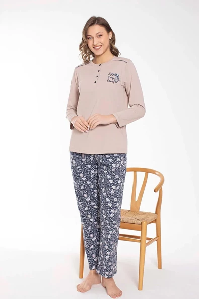 Senfoni Kadın Düğme Yaka Uzun Kol Pamuklu Pijama Takımı 6021 -1 Adet  L Bej - 4