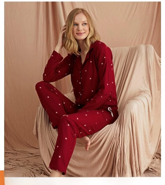 Pijamoni Kadın Süet Önden Düğmeli Pijama Takımı 56608 - 1 Adet  L Kırmızı