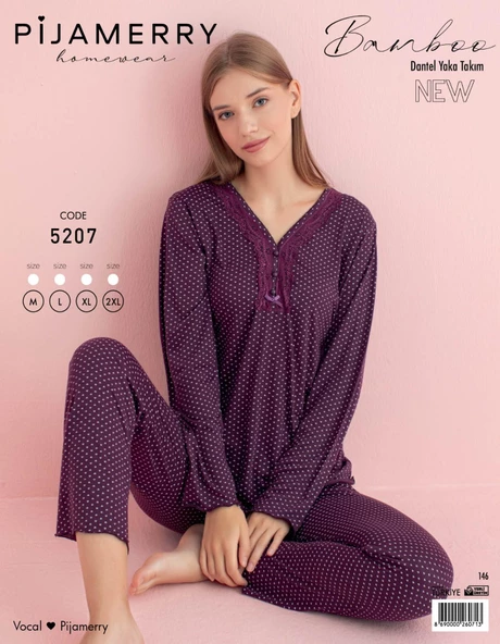 Pijamerry Kadın Dantel Yaka Bambu Uzun Kol Pijama Takımı 5207 - 1 Adet  2XL Mor - 2
