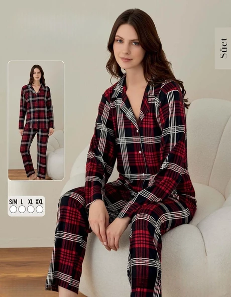 Boyraz Kadın Süet Boydan Düğmeli Pijama Takımı 02007 - 1 Adet  L Kırmızı
