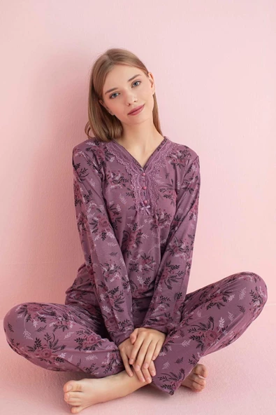 Pijamerry Kadın Dantel Yaka Bambu Uzun Kol Pijama Takımı 5205 - 1 Adet  XL Mürdüm