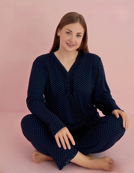 Pijamerry Kadın Büyük Beden Dantel Yaka Bambu Uzun Kol Pijama Takımı 5075 - 1 Adet  Lacivert 3XL