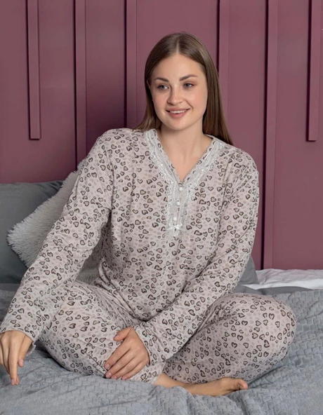 Pijamerry Kadın Büyük Beden Dantel Yaka Bambu Uzun Kol Pijama Takımı 5162 - 1 Adet  5XL Açık Kahve