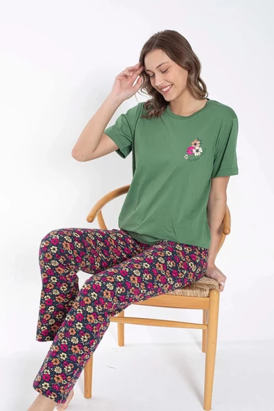 SENFONİ Kadın Bisiklet Yaka Çiçek Desenli Pijama Takımı 6032 -1 Adet  Yeşil S - M - 4