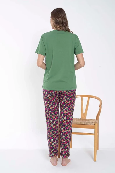SENFONİ Kadın Bisiklet Yaka Çiçek Desenli Pijama Takımı 6032 -1 Adet  Yeşil S - M - 2