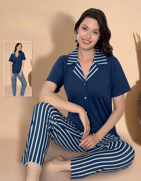 Boyraz Kadın Milan Boydan Düğmeli Kısa Kol İnce Pijama Takımı 11036 - 1 Adet  M Lacivert - Resim 2
