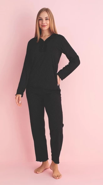 Pijamerry Kadın Dantel Yaka Bambu Uzun Kol Pijama Takımı 5212 - 1 Adet  Siyah L