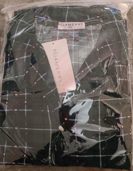 Pijamerry Kadın Büyük Beden Gömlek Yaka Süet Uzun Kol Pijama Takımı 5259- 1 Adet  Yeşil 2XL - 3