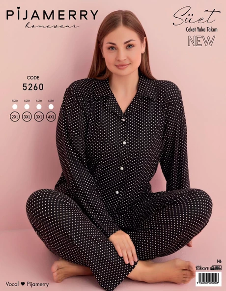 Pijamerry Kadın Büyük Beden Gömlek Yaka Süet Uzun Kol Pijama Takımı 5260- 1 Adet  Siyah 3XL - 2