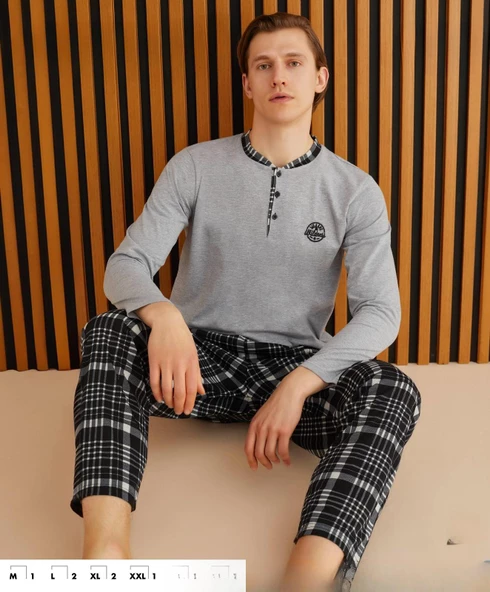 Pijamoni Erkek Süprem Uzun Kol İnce Pijama Takımı 6300 / 15 - 1 Adet  Gri 2XL