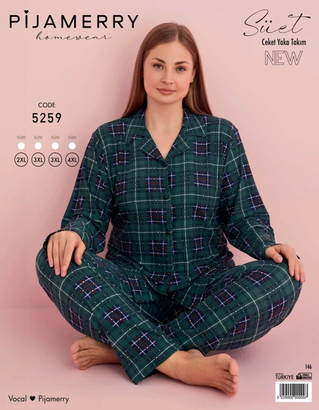 Pijamerry Kadın Büyük Beden Gömlek Yaka Süet Uzun Kol Pijama Takımı 5259- 1 Adet  Yeşil 3XL - Resim 2